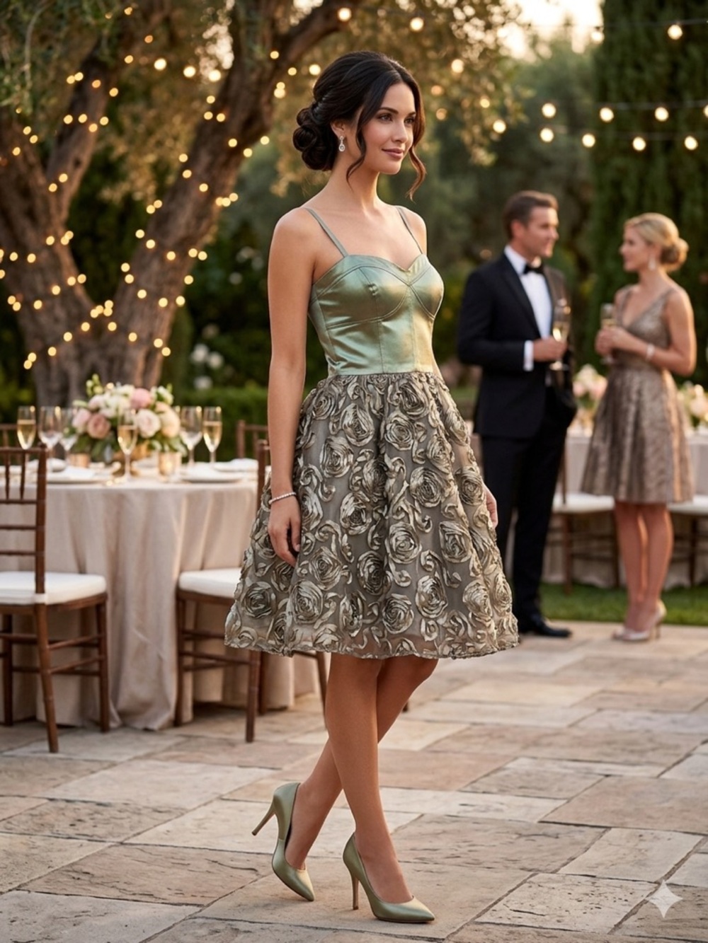 Adrianna Papell Silk Bodice & Rose Appliqué Party Dress in Sage/Olive Metallic
